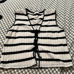 MANGO Black and Cream Crochet Tie Top (Size: Large)